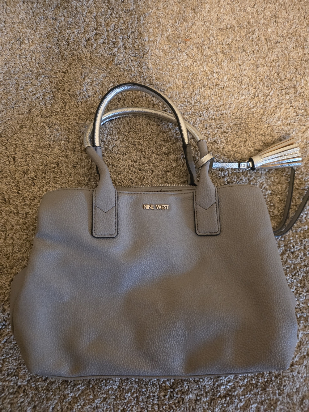 Nine West Gray Pebbled Satchel Tote with Tassel Accent